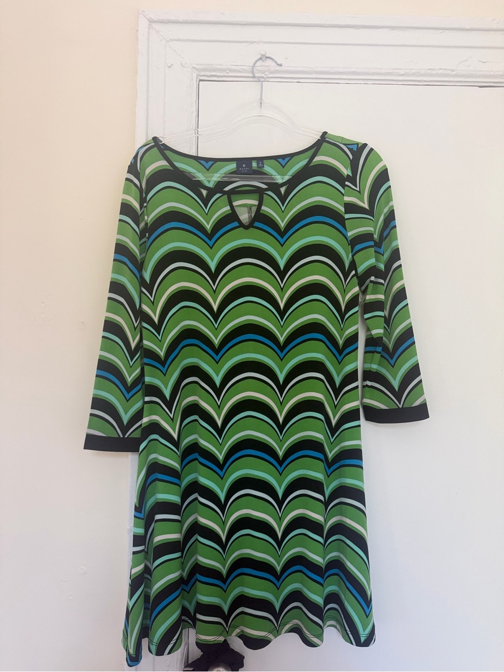 Vintage Green Blue Black Chevron-Pattern mid Sleeve Dress